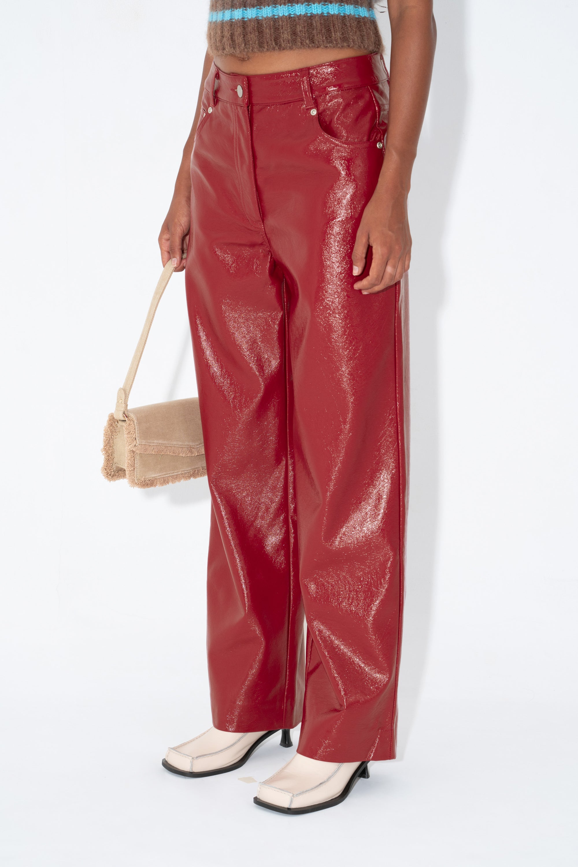 Arthur Apparel Mid Rise Red Patent Leather Trousers