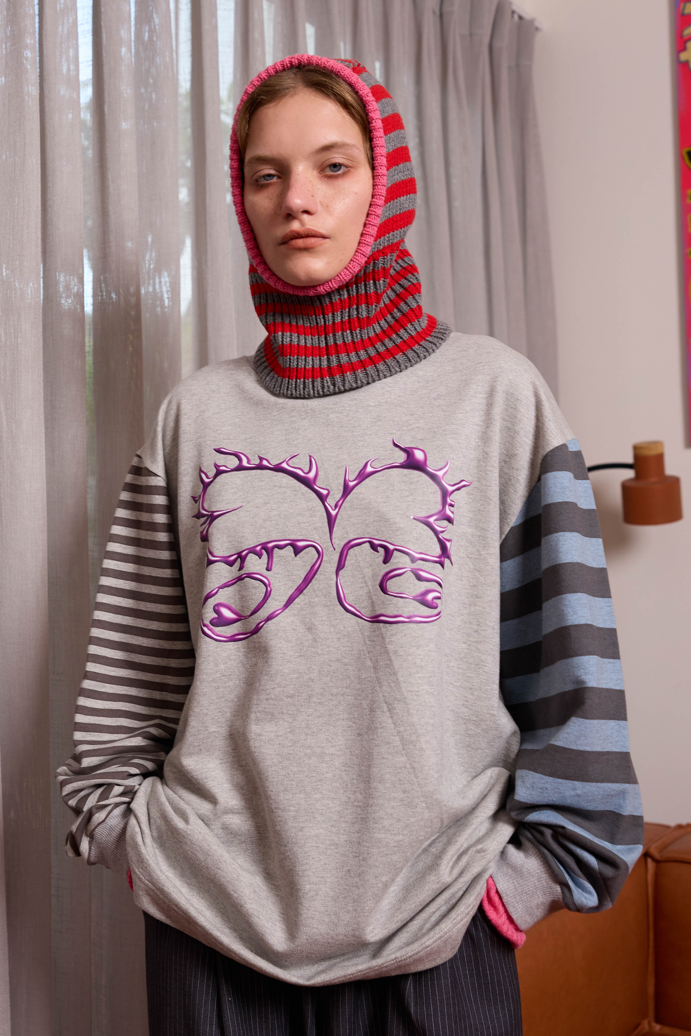 Arthur Apparel chunky wool blend knitted hood in red and grey stripes with contrast bright pink rib around the face