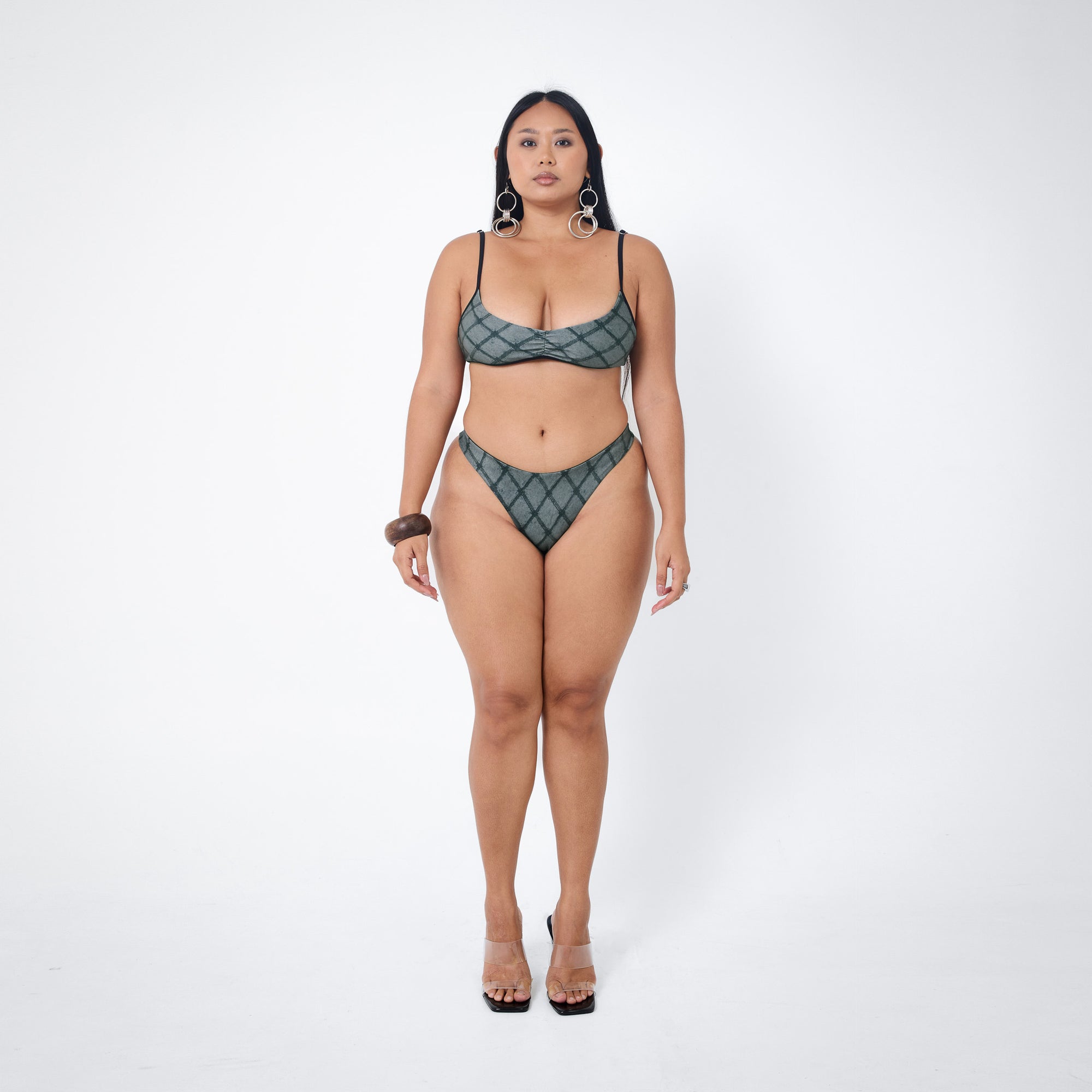 Arthur Apparel high cut brief style bikini bottom in grey check print