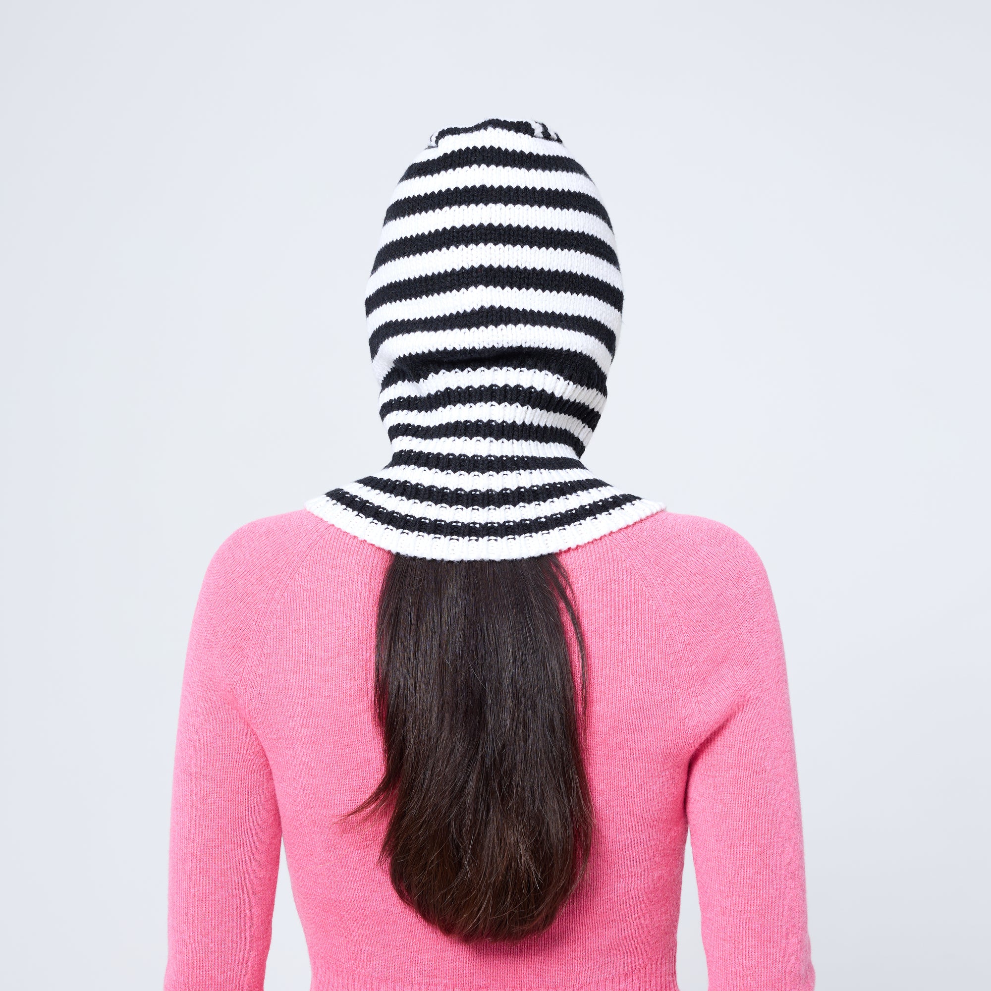 Arthur Apparel chunky wool blend knitted hood in black and white stripes with contrast royal blue rib around the face
