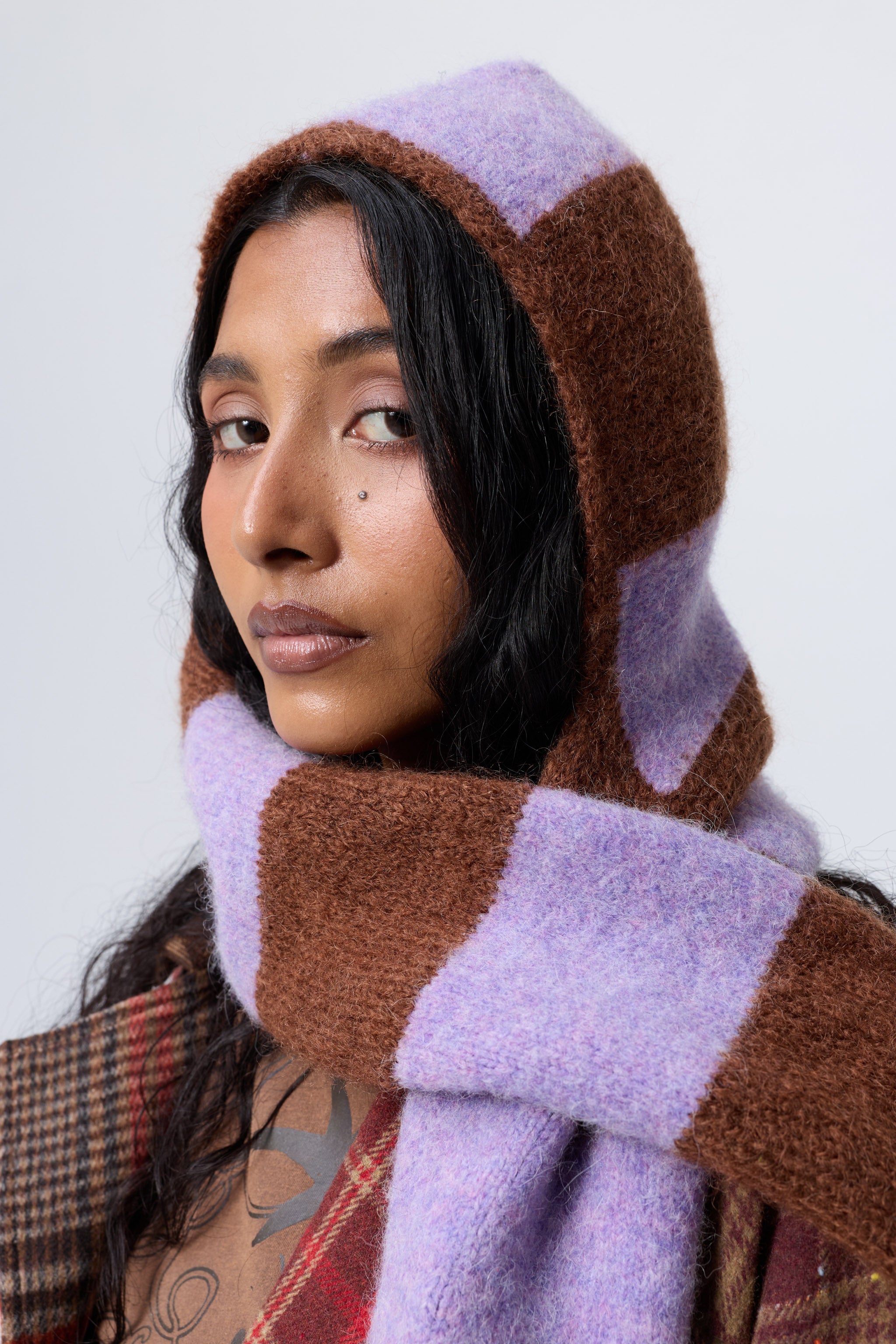 Arthur Apparel purple/brown wool knitted scarf with built in hood