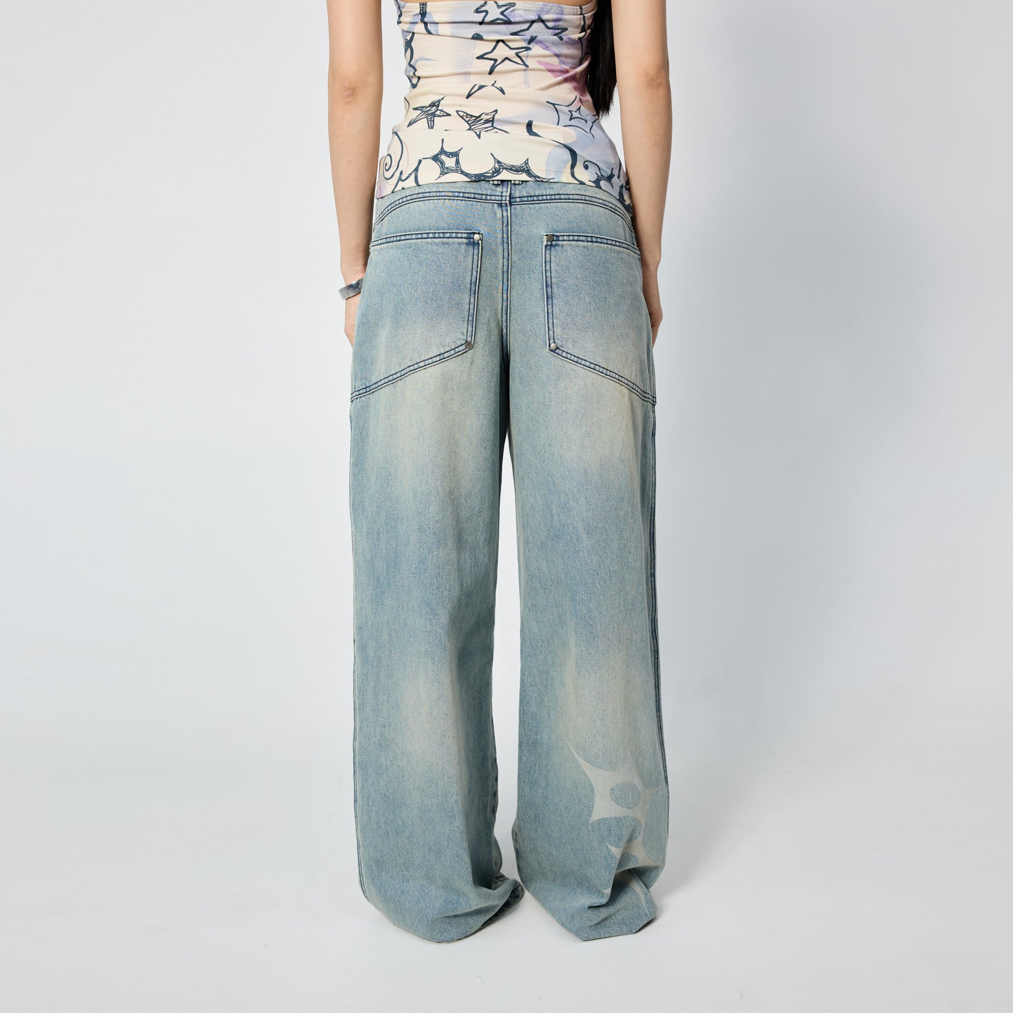 Arthur Apparel blue straight leg jeans with stars print