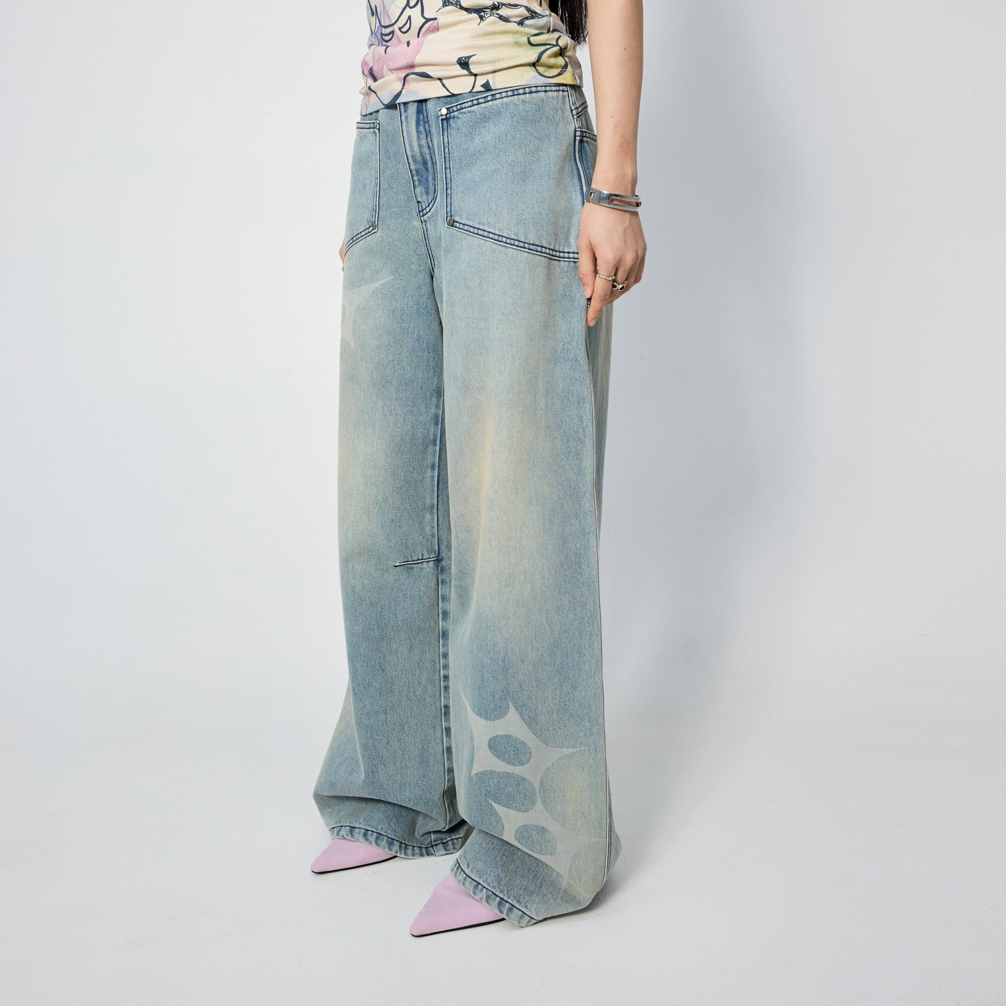 Arthur Apparel blue straight leg jeans with stars print