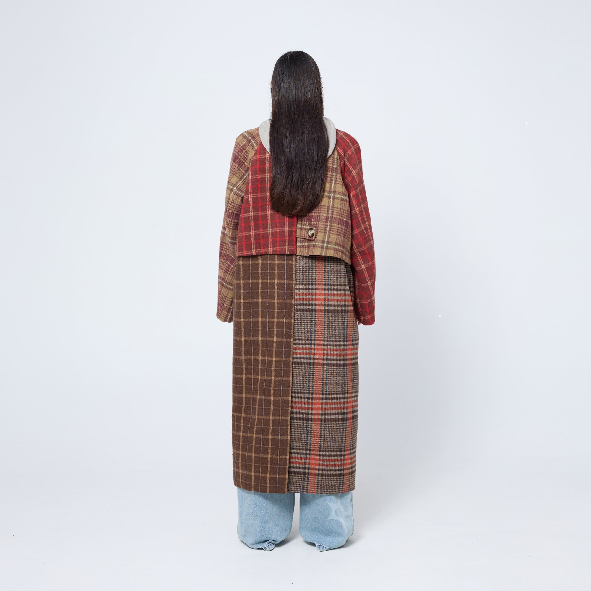 Arthur Apparel oversized double breasted coat in red tones with pink embroidered collar