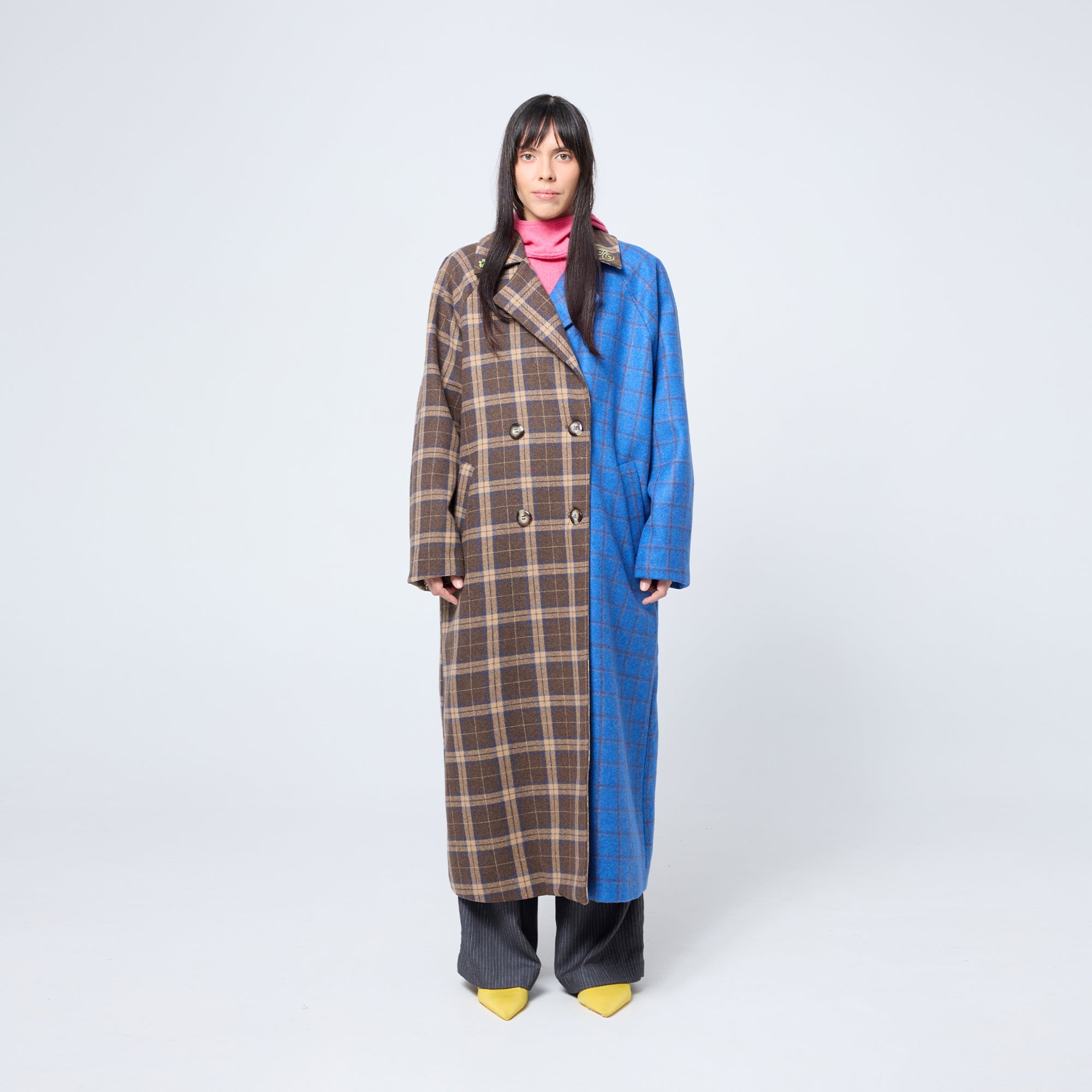 Arthur Apparel oversized double breasted coat in blue and brown plaid wool blend fabric