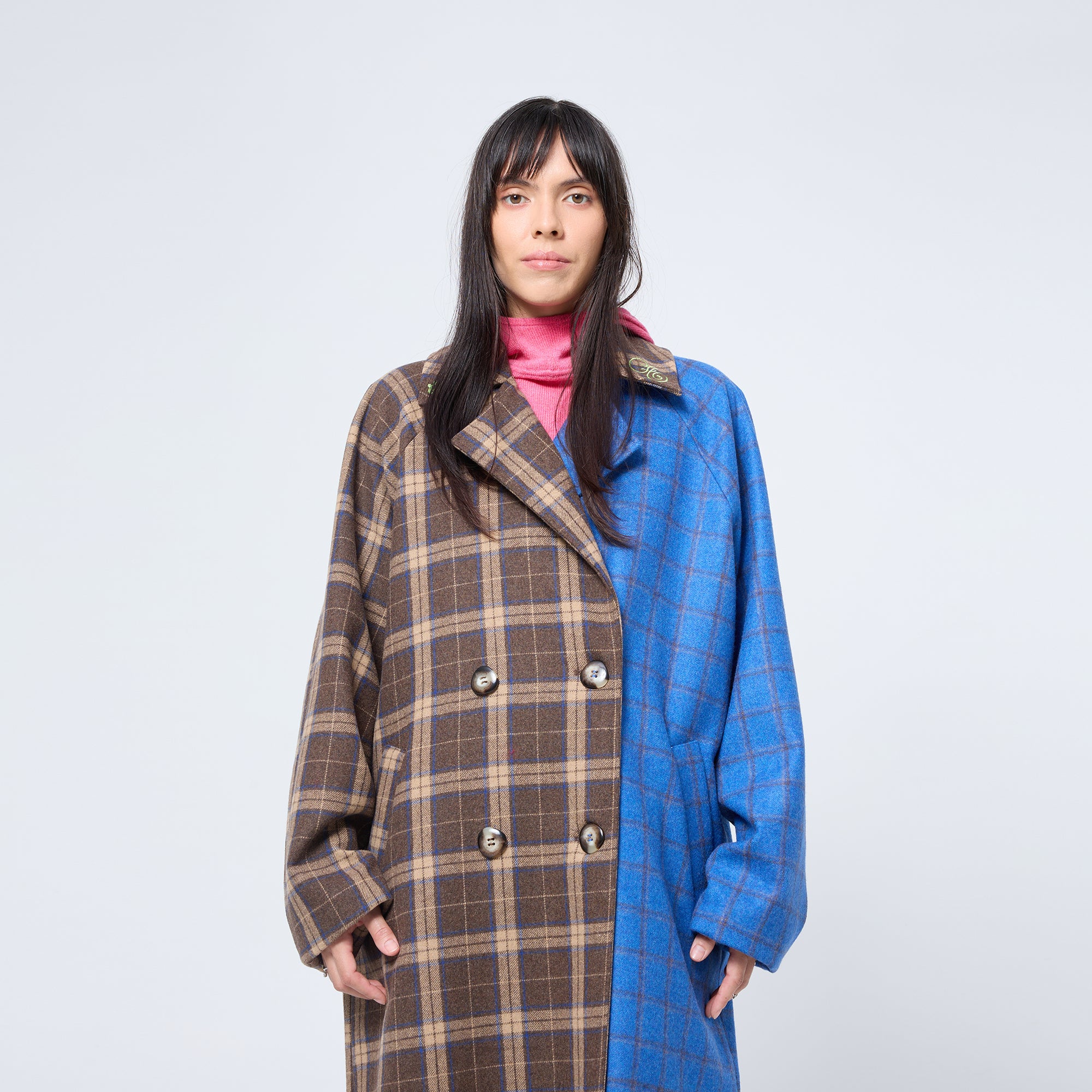 Arthur Apparel oversized double breasted coat in blue and brown plaid wool blend fabric