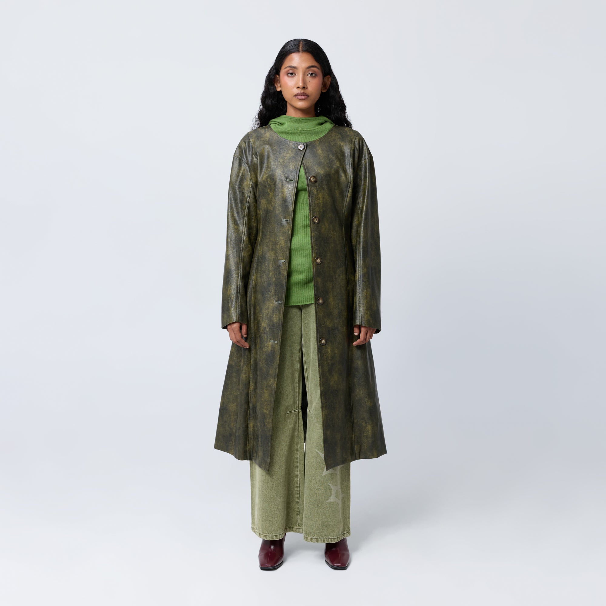 Arthur Apparel olive faux leather button-front trench coat with panelled waist shaping