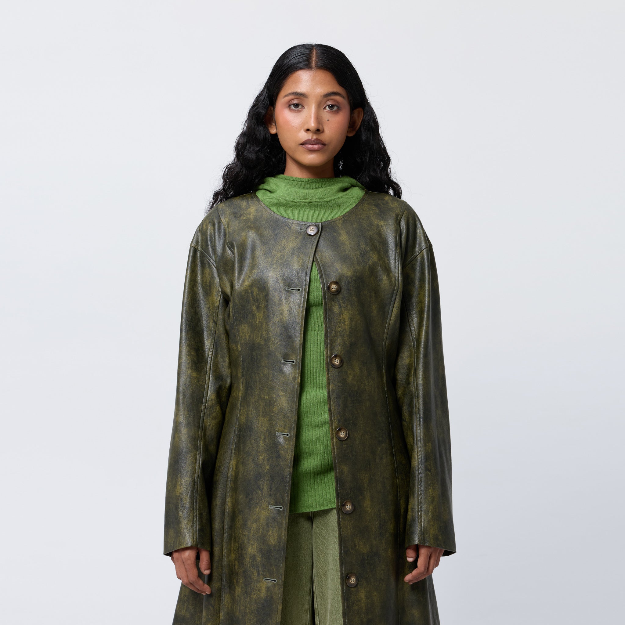 Arthur Apparel olive faux leather button-front trench coat with panelled waist shaping