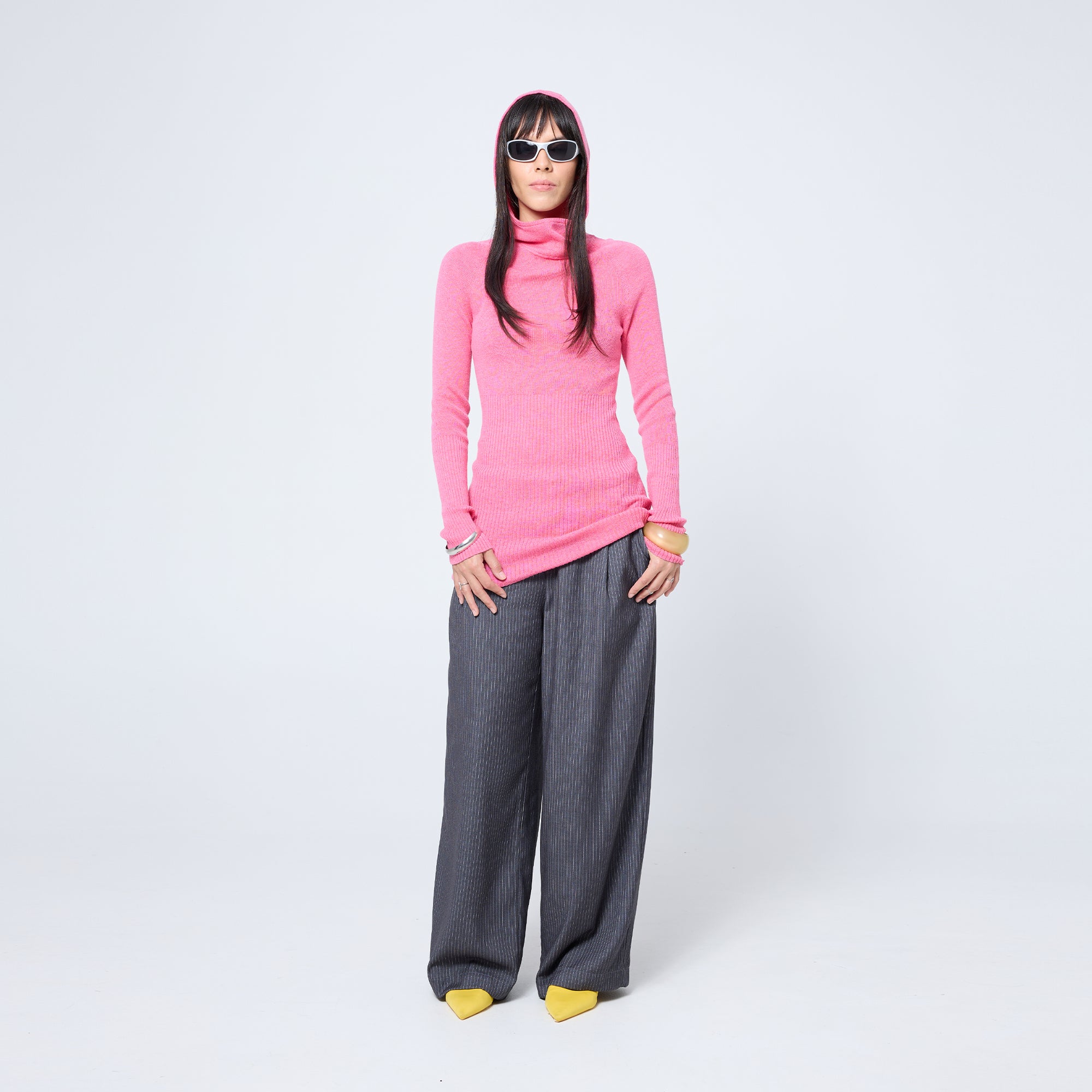 Slouchy Pleat Pant in Grey Pinstripe