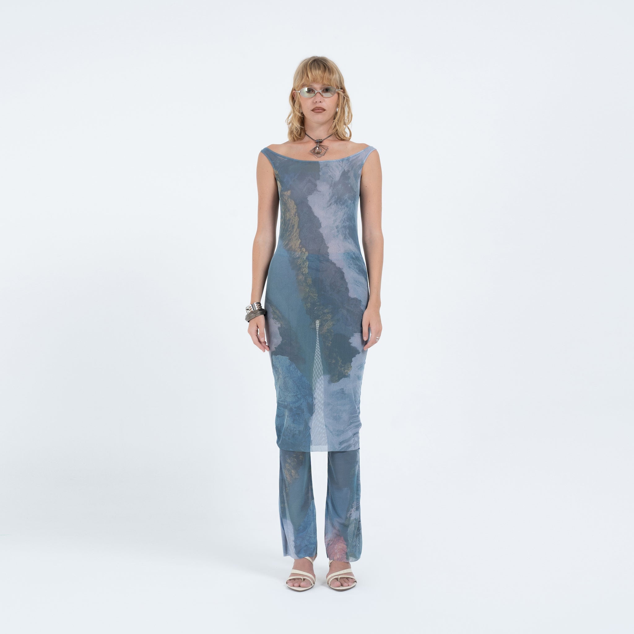 Off-Shoulder Mesh Midi in River