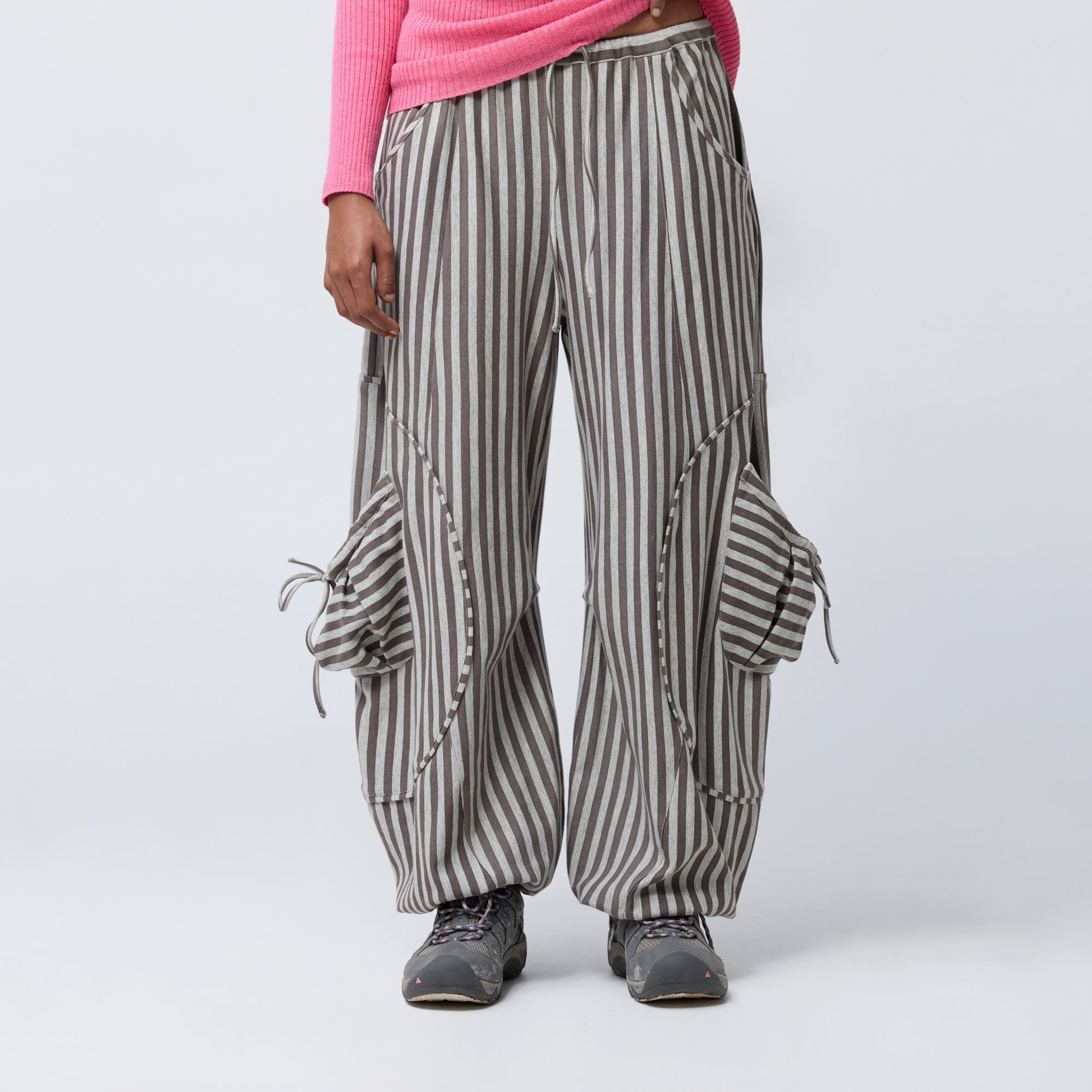 Arthur Apparel grey striped oversized trouser with elastic waist and hem