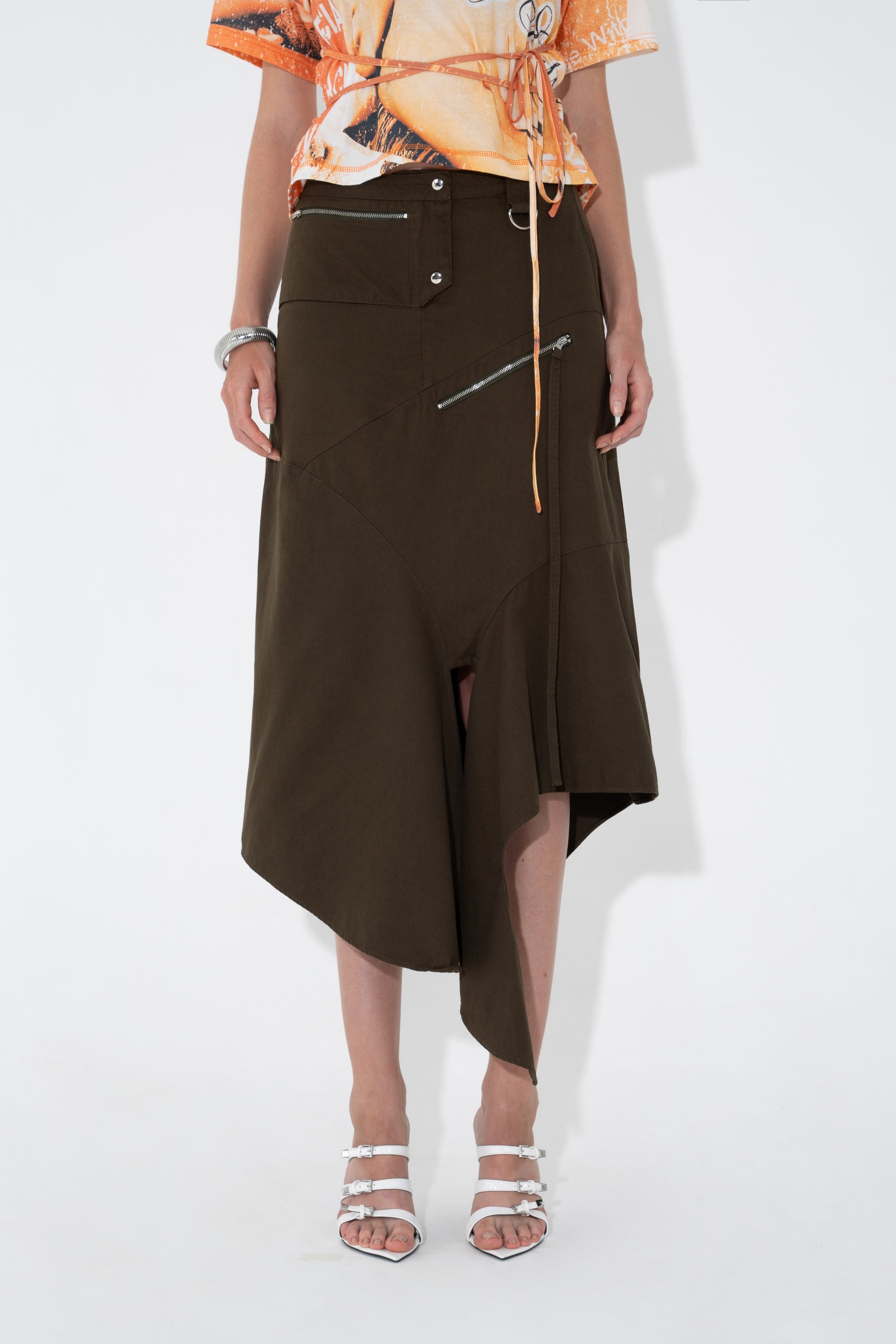 Arthur Apparel Olive Drape Midi Skirt in cotton twill