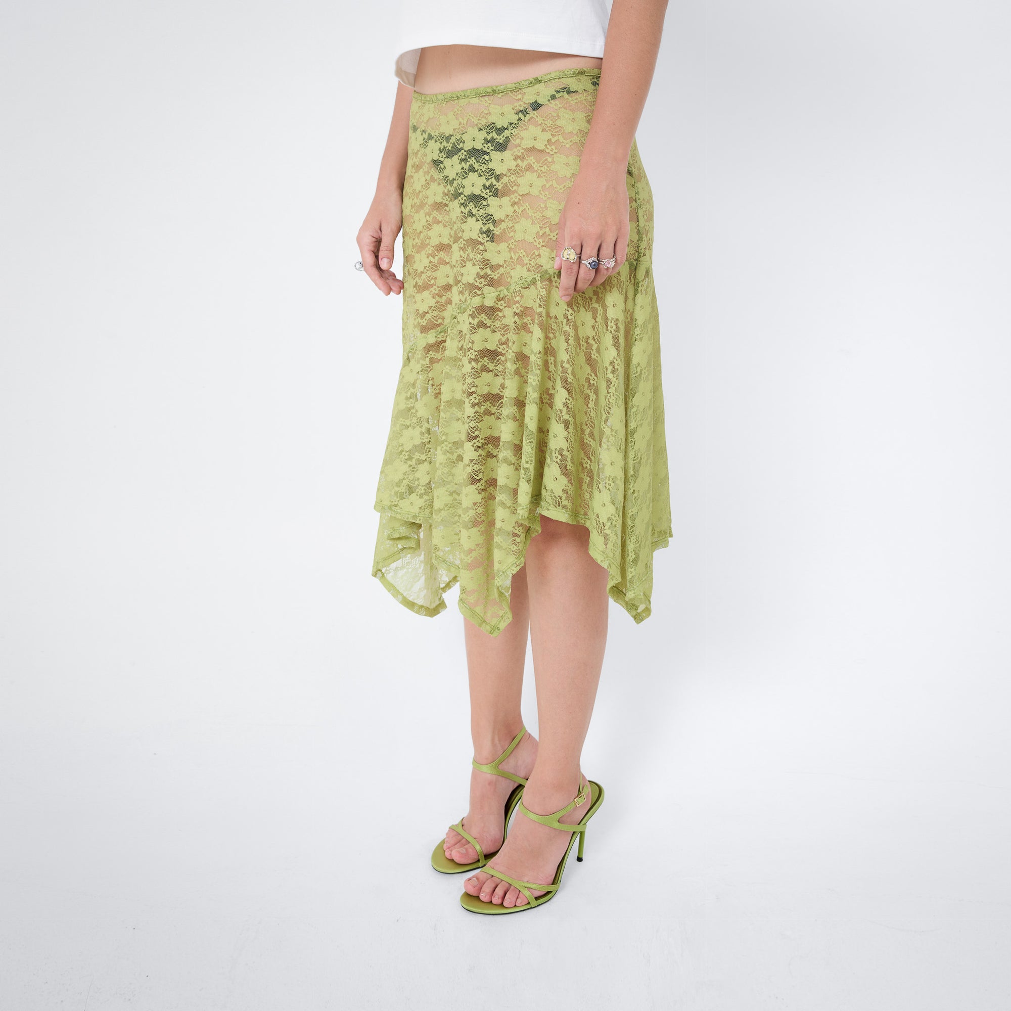Arthur Apparel mid-length see through lace skirt in green