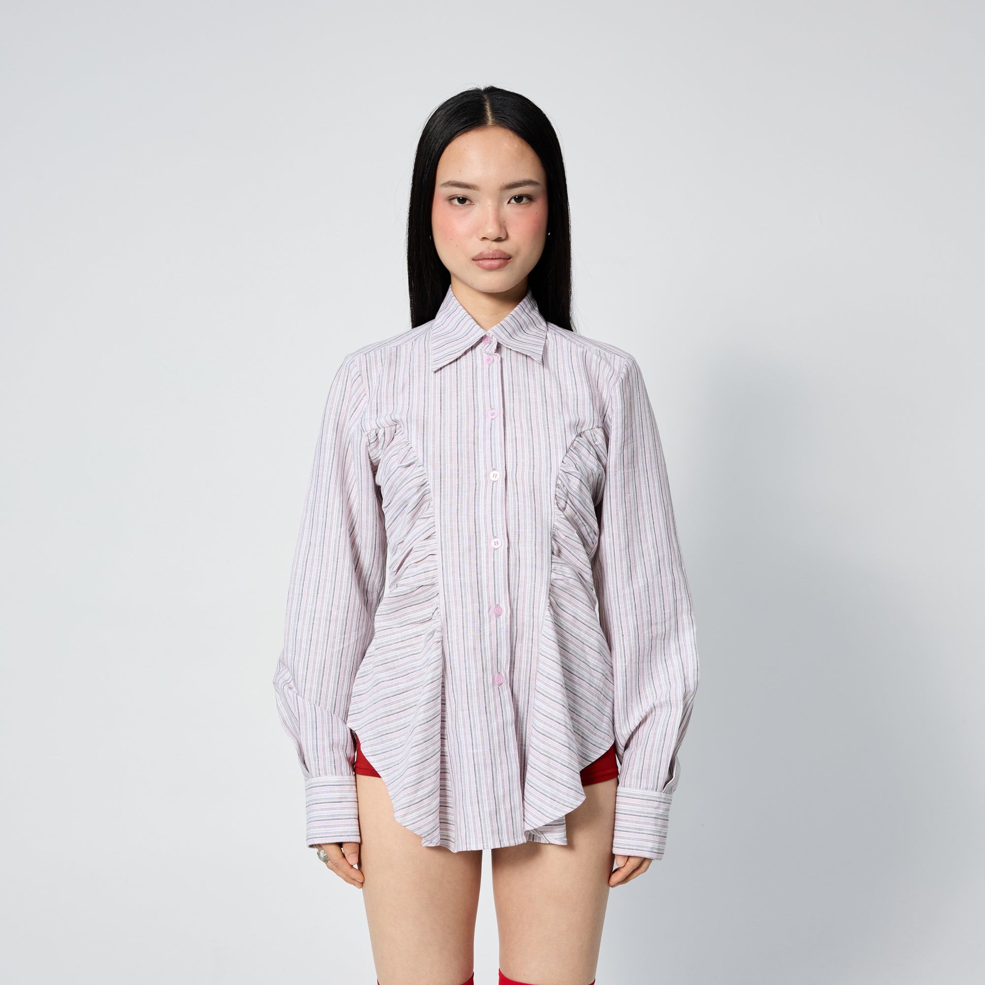 Arthur Apparel pink and grey stripes long-sleeve fitted blouse with ruffles on the sides