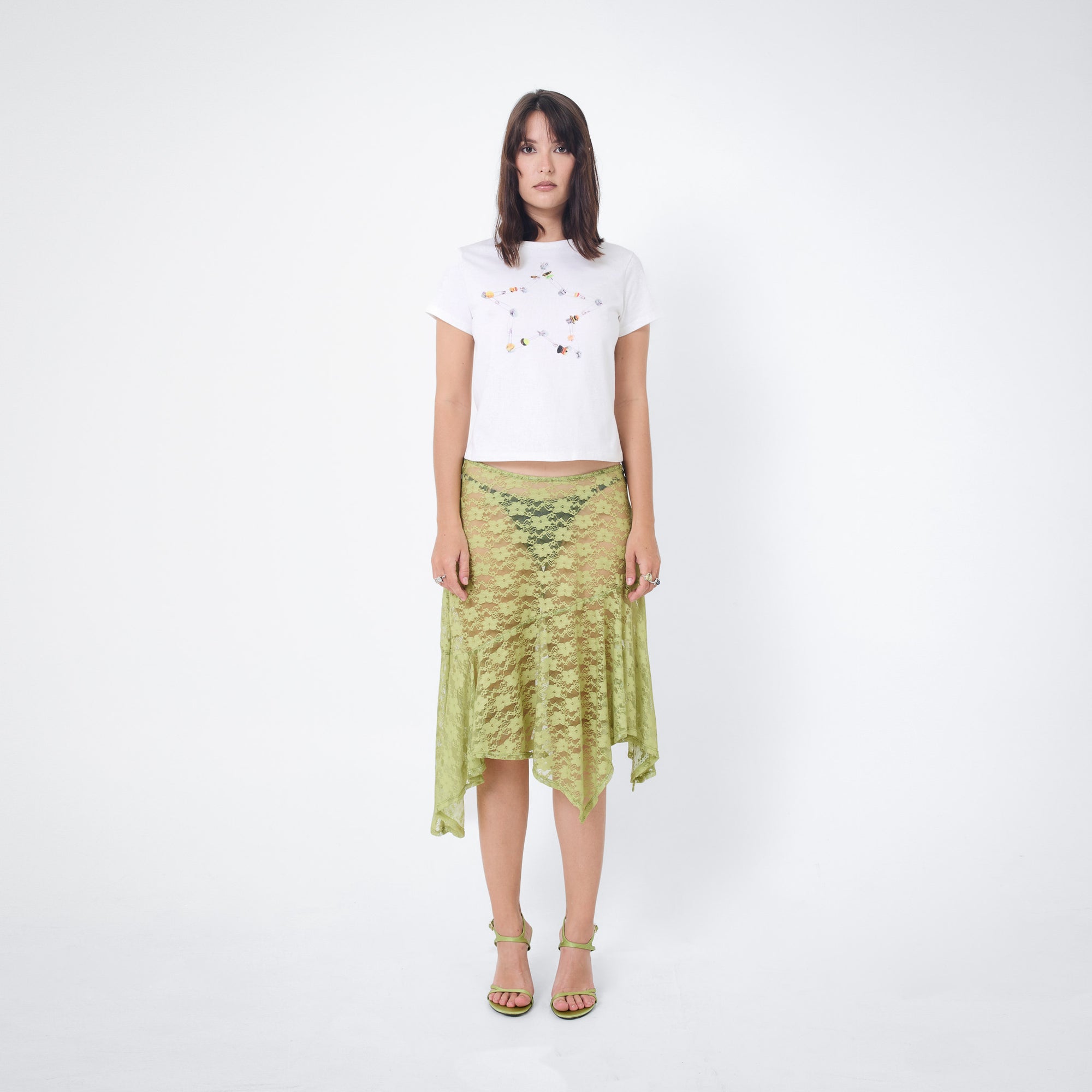 Arthur Apparel mid-length see through lace skirt in green